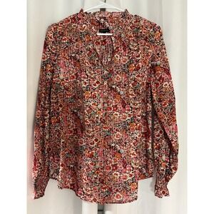 Talbots Floral Ruffle Neck Blouse Pink Orange Size M Long Sleeve WC0032